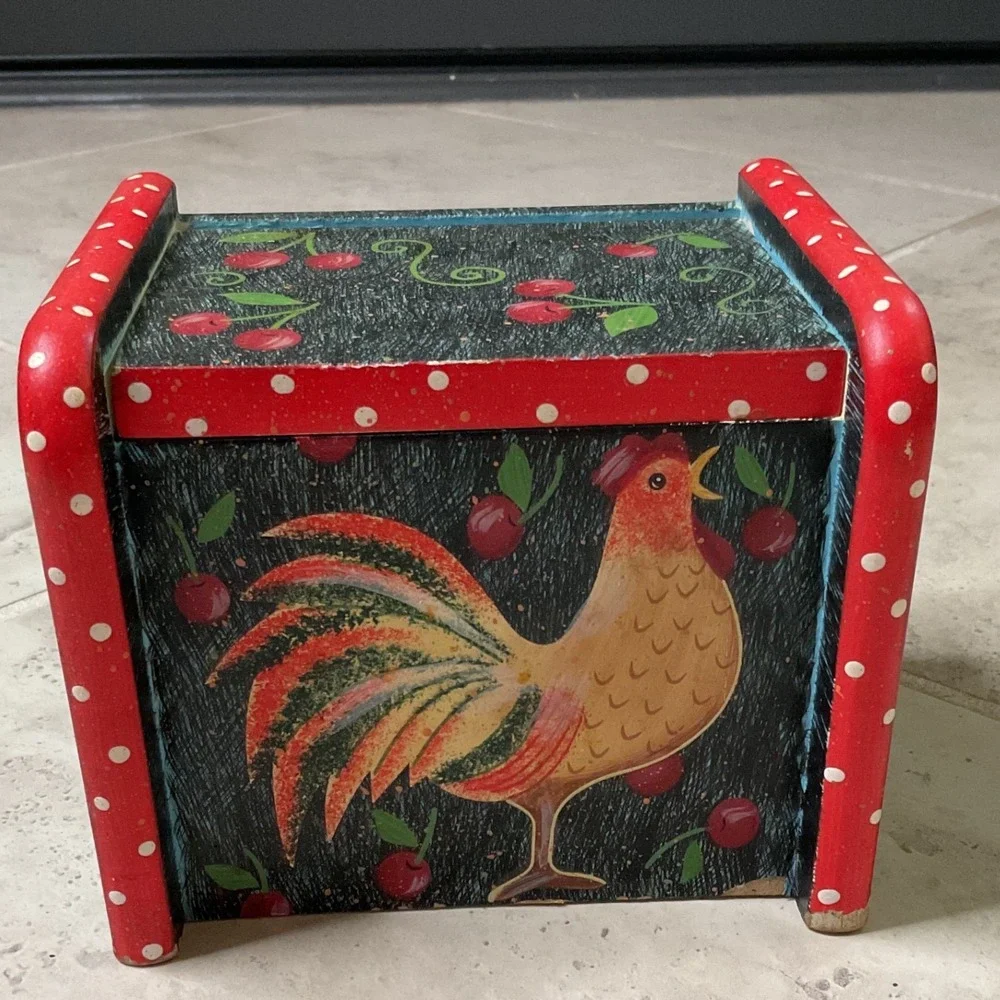 Vintage Hand Painted Wooden Recipe Box Rooster Cherry Farmhouse Kitchen Decor